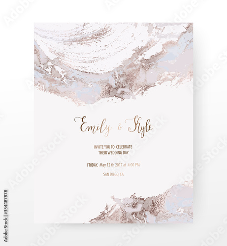 Wedding invitation card with rose gold agate slice gemstone texture.