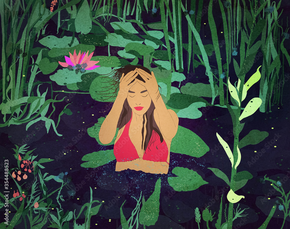Postać młodej dziewczyny z uniesionymi rękoma stojącej w  wodzie pośród roślin wodnych - obrazy, fototapety, plakaty 