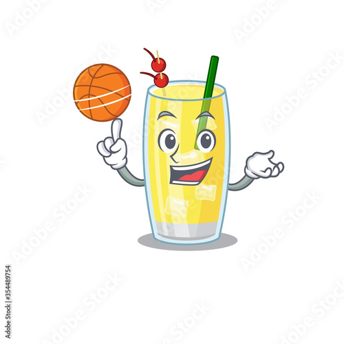 Sporty cartoon mascot design of pina colada cocktail with basketball