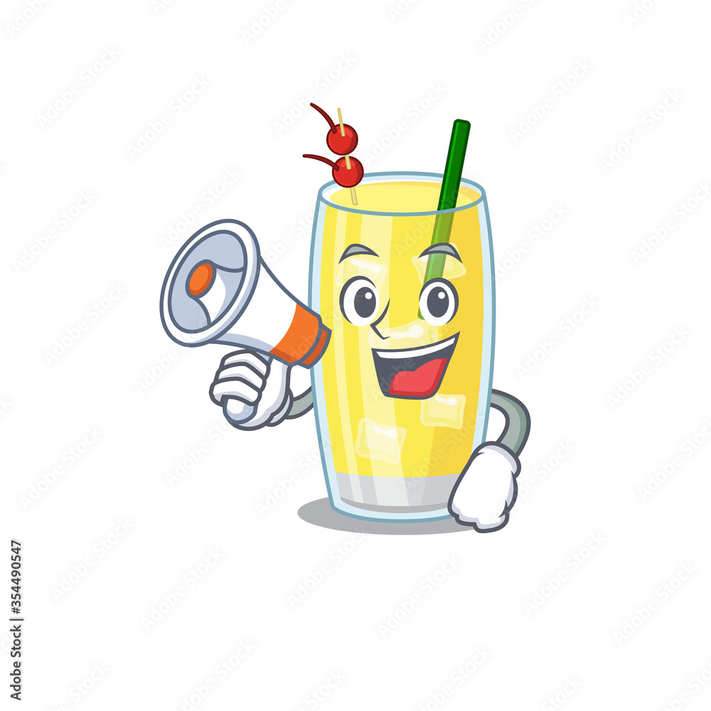 Mascot design of pina colada cocktail announcing new products on a megaphone Mascot design of pina colada cocktail announcing new products on a megaphone