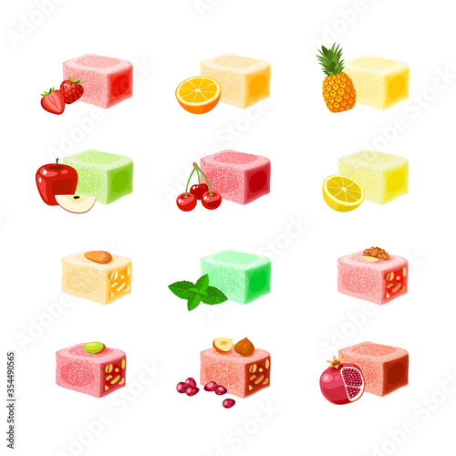 Turkish delight set, lokum collection. Traditional oriental sweet candy. Vector illustration cartoon icon isolated on white.