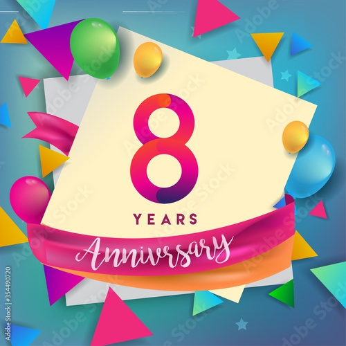 8th years anniversary logo, vector design birthday celebration with colorful geometric, Circles and balloons isolated on white background.