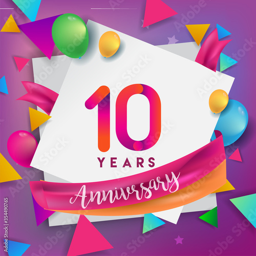 10th years anniversary logo, vector design birthday celebration with colorful geometric, Circles and balloons isolated on white background.