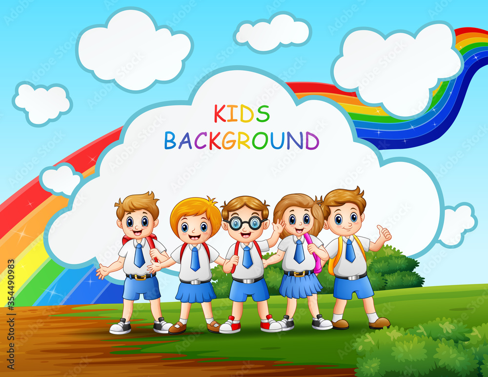 Happy girl and boy in school uniform with rainbow background