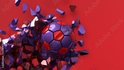 Red-Purple Soccer ball breaking with great force through a red wall under black-white background. 3D high quality rendering. 3D illustration.