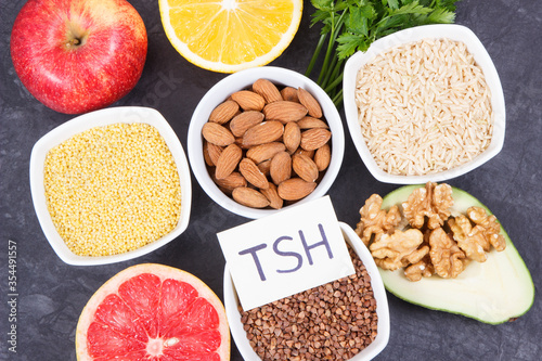 Natural ingredients, fruits and vegetables containing vitamins for healthy thyroid