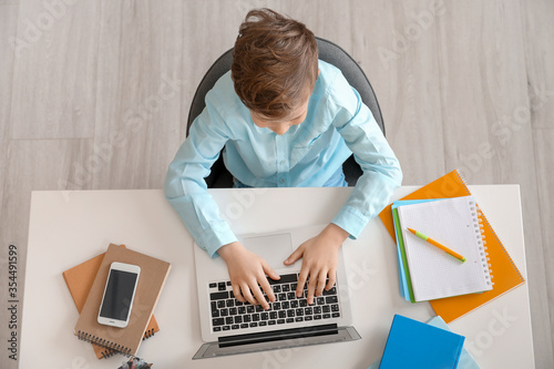Cute little boy studying at...