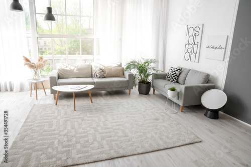 Obraz na plátně Stylish interior of living room with carpet and sofas