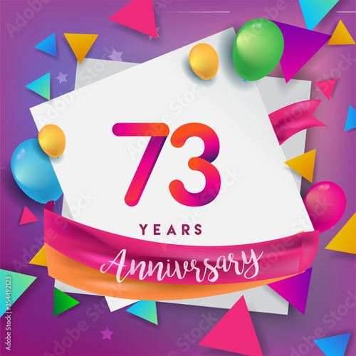 73rd years anniversary logo, vector design birthday celebration with colorful geometric, Circles and balloons isolated on white background. photo