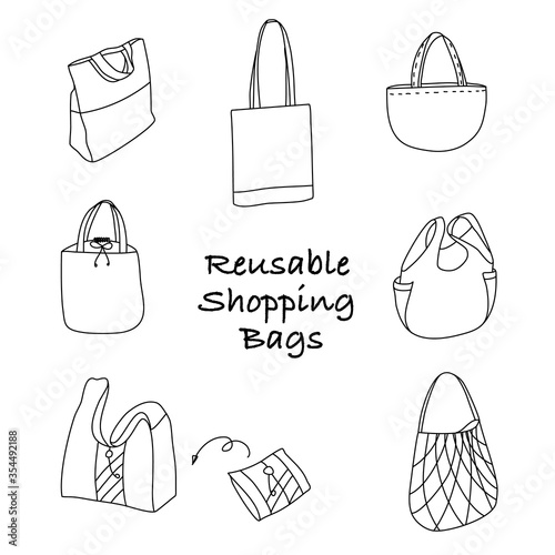 Hand drawn outline eco friendly grocery shopping bags collection.