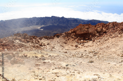 Mount Teide volcanic crater with fumarole emitting sulfur dioxide and mountain panorama on Canary Island Tenerife, Spain