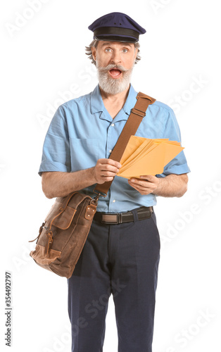 Surprised old postman on white background
