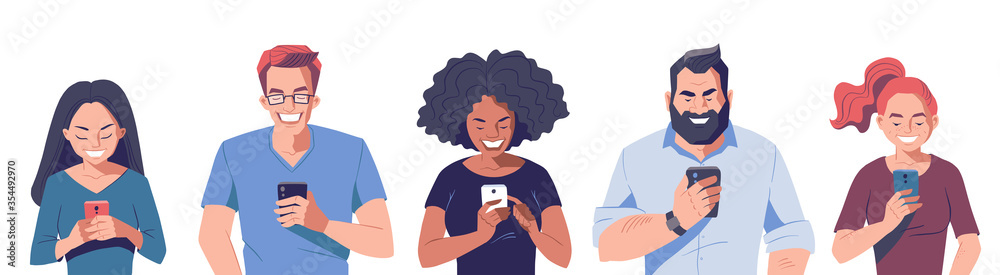 Group of people with smartphones. Men and women holding mobile phone in hands. Online communication concept. Vector character illustration. Group of people with smartphones. Men and women holding mobile phone in hands. Online communication concept. Vector character illustration.
