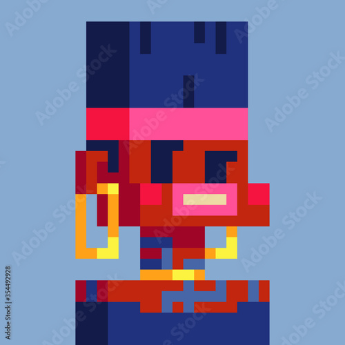 African american woman pixel art style character. Avatar, portrait and profile picture. Design of 80s. Game assets. 8-bit. Isolated vector illustration.