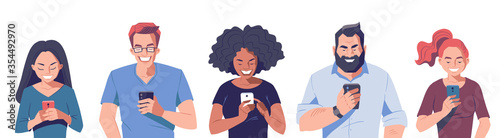 Group of people with smartphones. Men and women holding mobile phone in hands. Online communication concept. Vector character illustration.