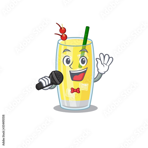 cartoon character of pina colada cocktail sing a song with a microphone