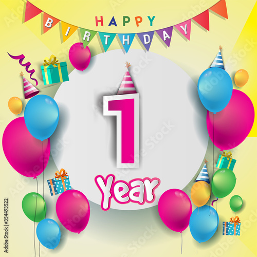 1st Anniversary Celebration, birthday card or greeting card design with gift box and balloons, Colorful vector elements for birthday celebration party.