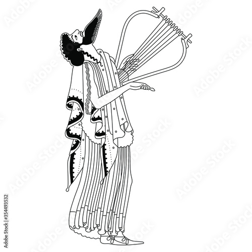Ancient Greek musician man with lyre. God Dionysus or poet Orpheus. Black and white silhouette. Vase painting style. photo