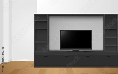 lcd tv on black showcase and cabinet in the livingroom