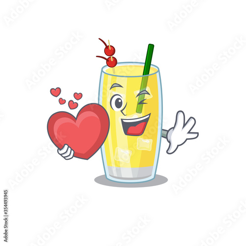 A sweet pina colada cocktail cartoon character style holding a big heart