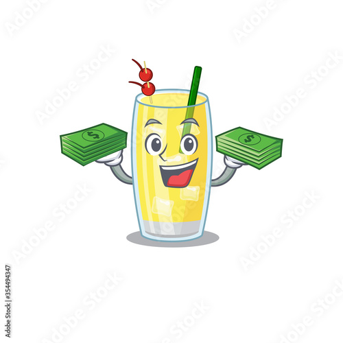 A wealthy pina colada cocktail cartoon character with much money