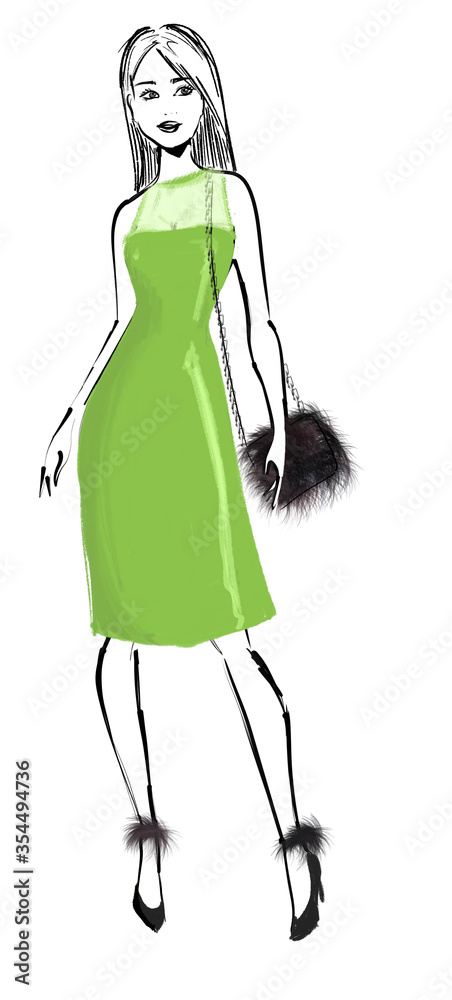Fashion illustration: a beautiful young woman in an elegant green knee-high dress Fashion illustration: a beautiful young woman in an elegant green knee-high dress