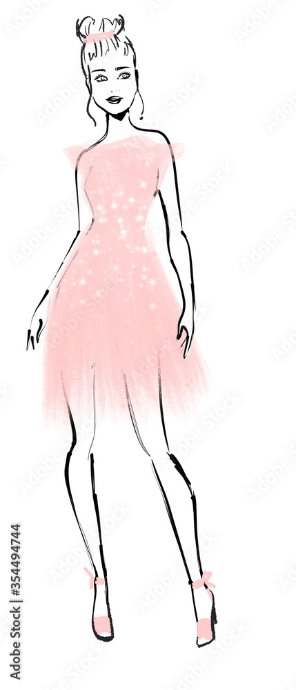 Fashion illustration: a beautiful young woman in a flowy pink party dress Fashion illustration: a beautiful young woman in a flowy pink party dress