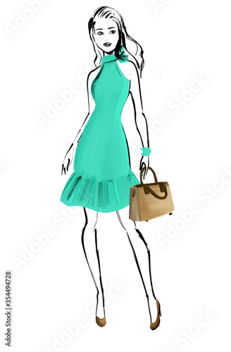 Fashion illustration  a beautiful young woman green sundress and elegant purse