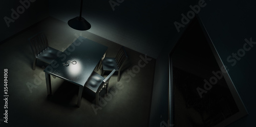 Dramatic lit scene of a police interrogation room / 3D rendering, illustration photo