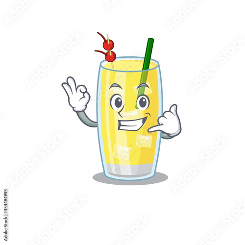 Caricature design of pina colada cocktail showing call me funny gesture
