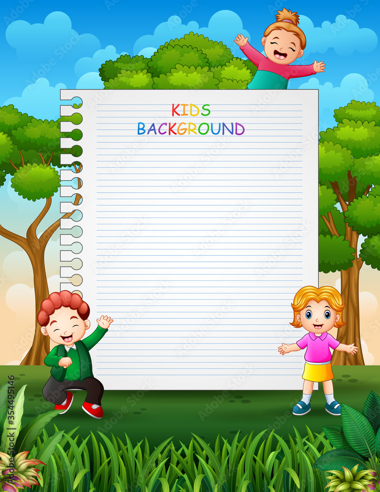 Paper template design with children on nature background Stock Vector