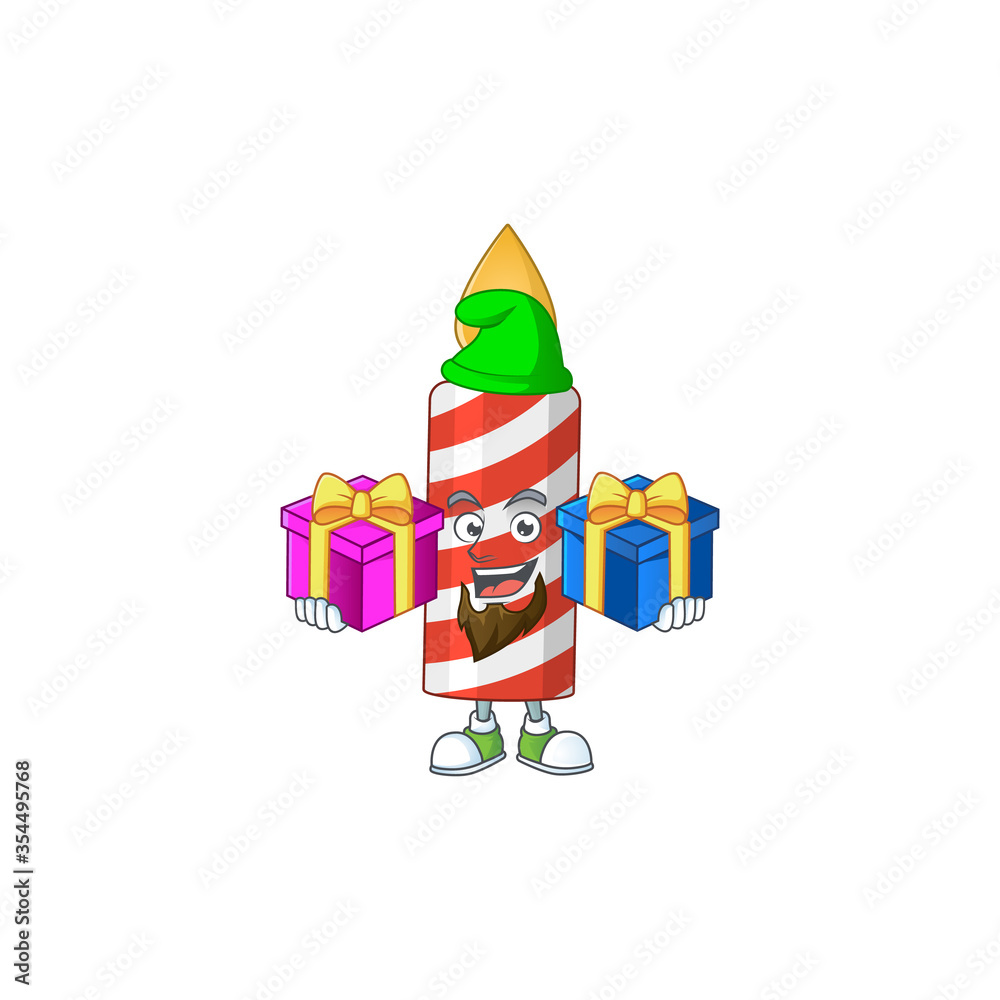 A joyful candle mascot design style with Christmas gifts