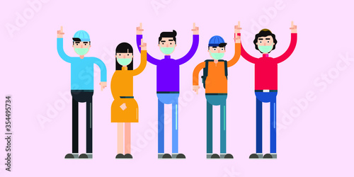 Group of men and women wearing medical masks to prevent disease, flu, air pollution, contaminated air, world pollution. Vector illustration in a flat style