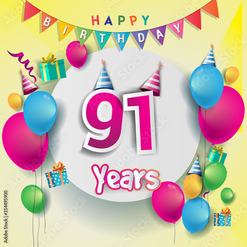 Photography 91st Anniversary Celebration, birthday card or greeting card design with gift box and balloons, Colorful vector elements for birthday celebration party