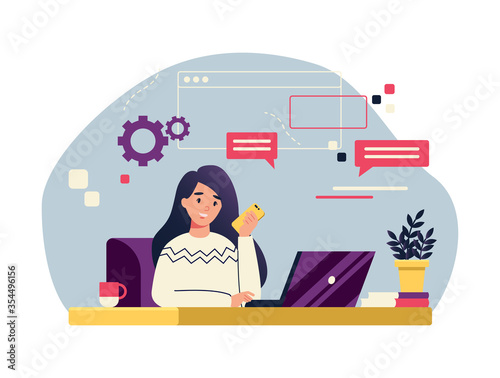 Freelance woman working on laptop. Working from home, remote job. Brainstorm. Content manager. Female multitasking skill, e-learning concept. Cartoon flat vector illustration.