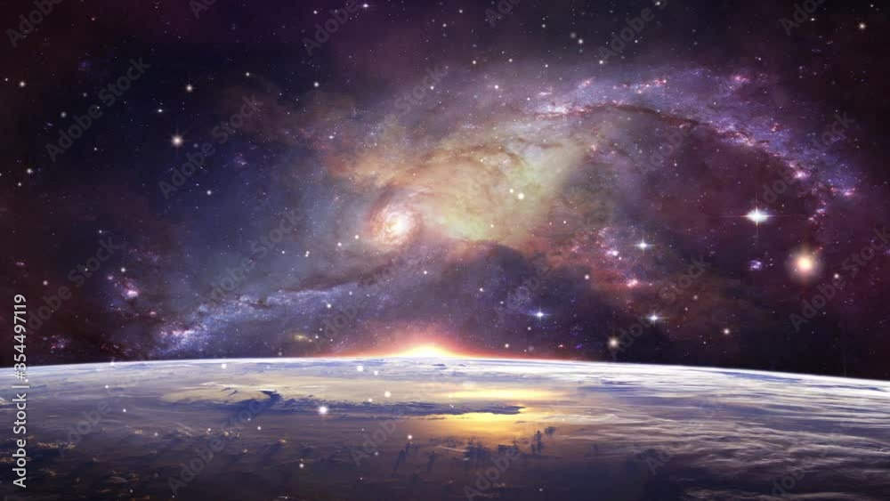 Video of universe flyby. Camera moves towards a nebula seen rotating at a distance while stars flyby. Apt for motivational and spiritual videos.