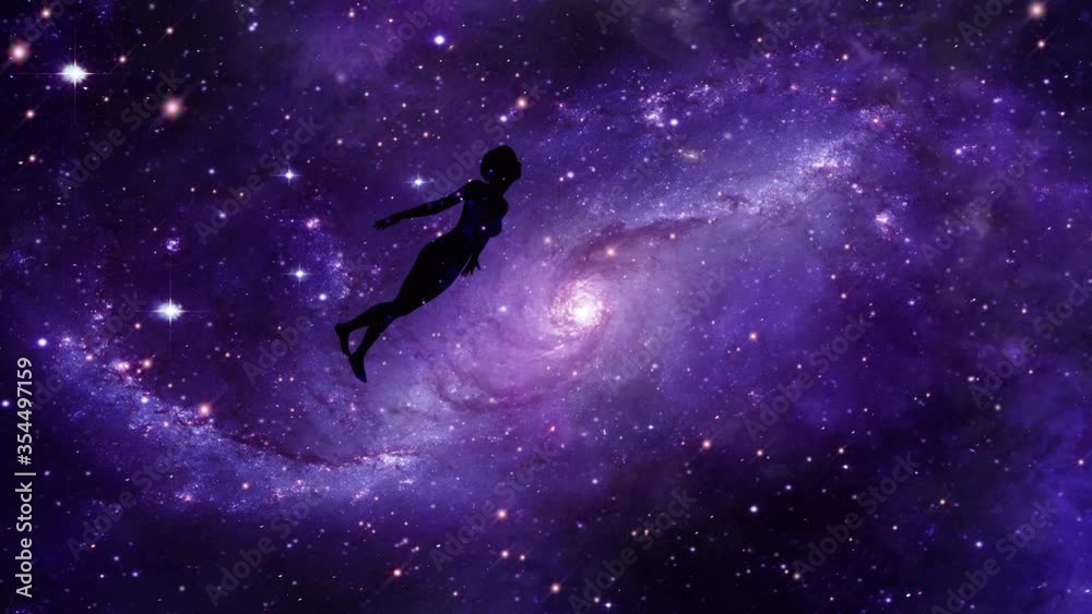 Video of silhouette of a person flying in space depicting a soul flying or having an astral projection. Stars are seen flying in the background.