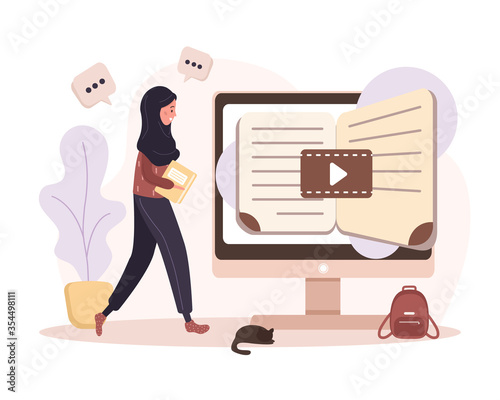 Online education. Flat design concept of training and video tutorials. Student learning at home. Vector illustration for website banner, marketing material, presentation template, online advertising.