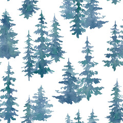 Fototapete Waldmuster Blauer Nebelwald mit Tannen Aquarell  © Kate K.