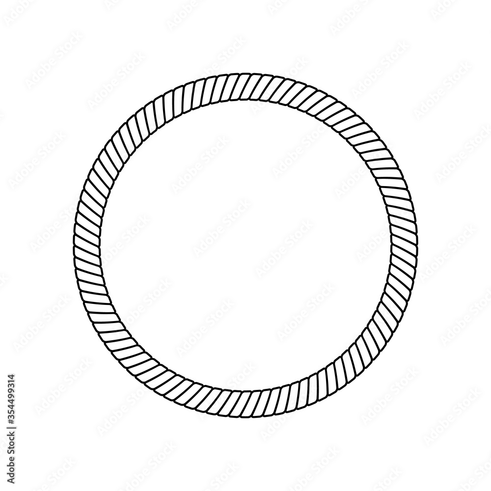 Black and white circle rope frame, isolated border outline decoration for nautical design