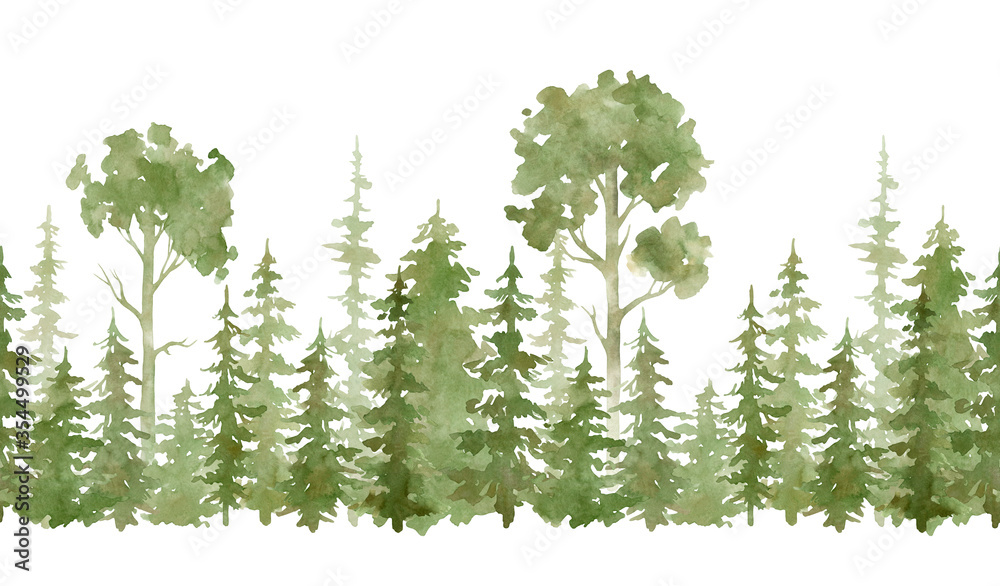 Fototapeta Watercolor seamless border with evergreen trees. Forest elements for landscape creator. Isolated spruce, oaks, pines, fir trees. Coniferous green forest