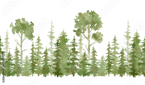 Watercolor seamless border with evergreen trees. Forest elements for landscape creator. Isolated spruce, oaks, pines, fir trees. Coniferous green forest