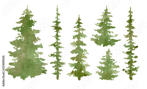 Watercolor set with evergreen trees. Forest elements for landscape creator. Isolated spruce, oaks, pines, fir trees. Coniferous green forest © Kate K.