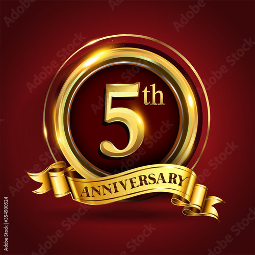 Celebrating 5th golden anniversary, Design Logo of Anniversary celebration with gold ring and golden ribbon.