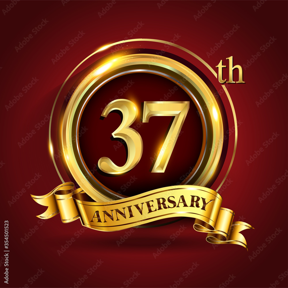 Celebrating 37th golden anniversary, Design Logo of Anniversary celebration with gold ring and golden ribbon. Celebrating 37th golden anniversary, Design Logo of Anniversary celebration with gold ring and golden ribbon.
