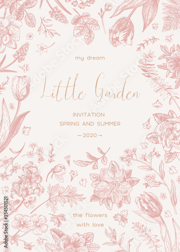 Pink rustic wedding invitation. Little garden. Botanical vector illustration.