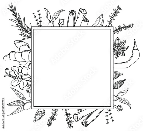 Black and white square frame with herbs and spices. Line art. Festive floral circle for your design.