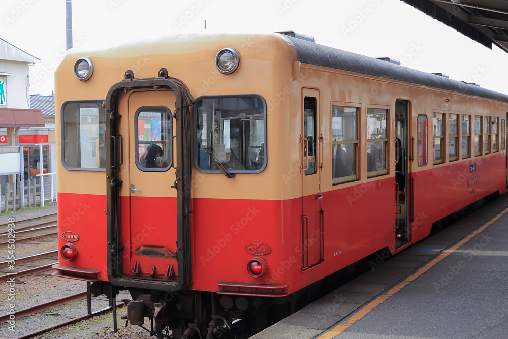 Chiba, Japan, 12/15/2019 , Historic train on the line Goi-Satomi, in Chiba prefecture, in the Goi station.