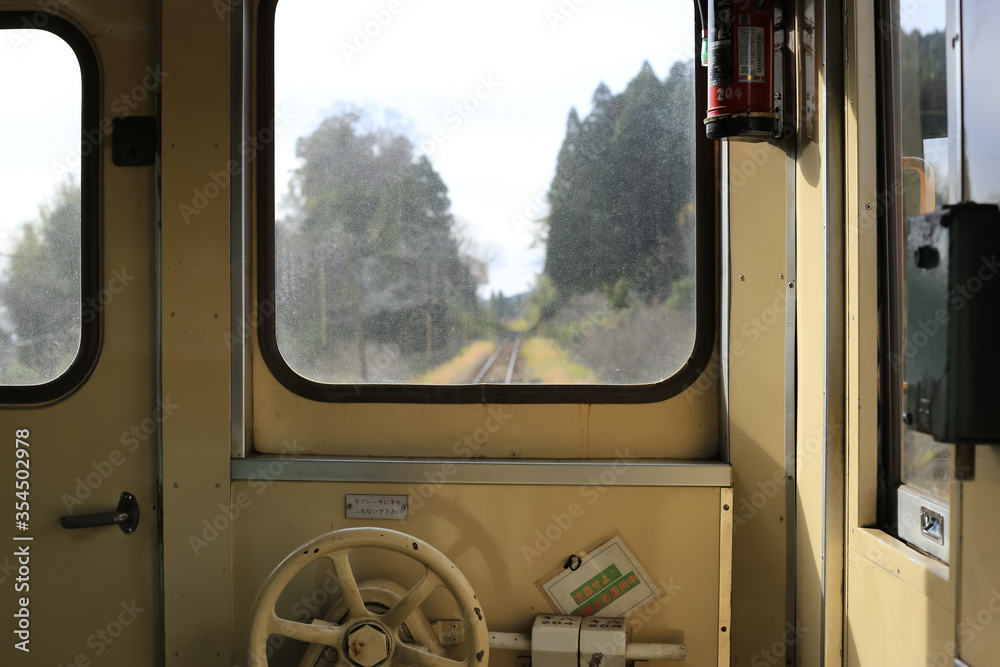 Chiba, Japan, 12/15/2019 , Interior of Historic train on the line Goi-Satomi, in Chiba prefecture, in the Goi station.