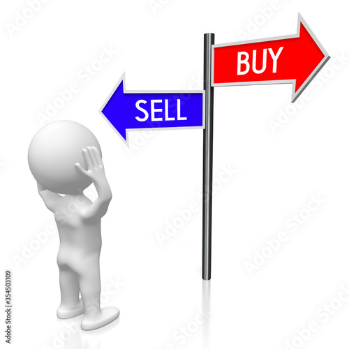 Buy or sell - signpost with two arrows, cartoon character - 3D illustration